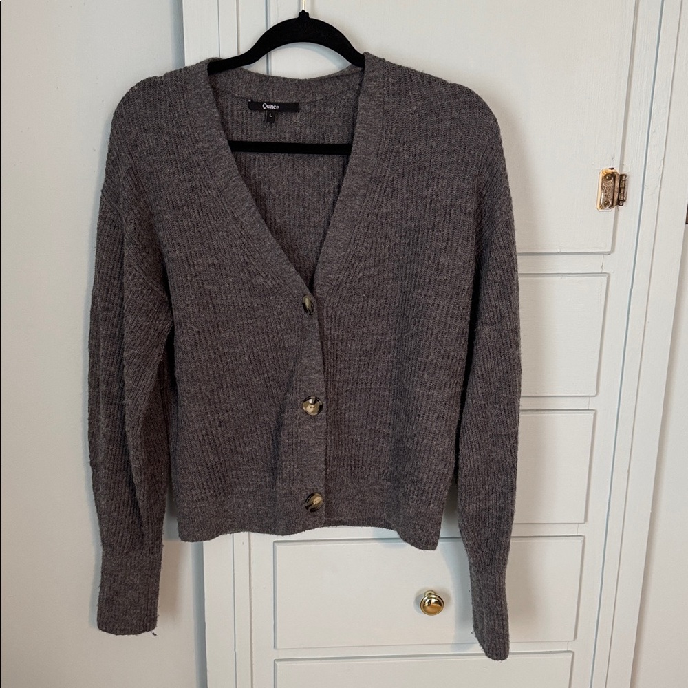 Quince Women's Charcoal Gray Baby Alpaca-Merino Wool Cropped Cardigan sz L